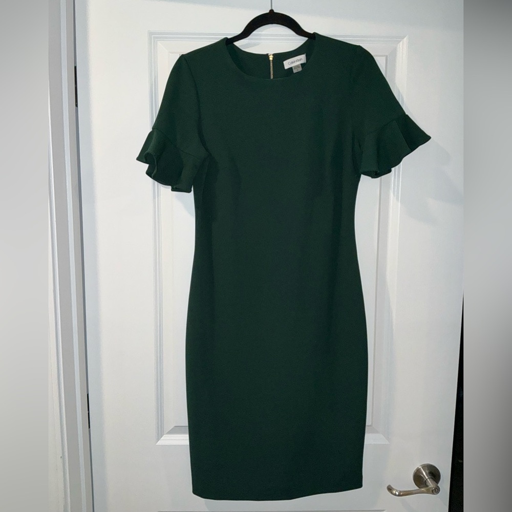 Calvin Klein Forest Green Midi Dress with Ruffle Detail